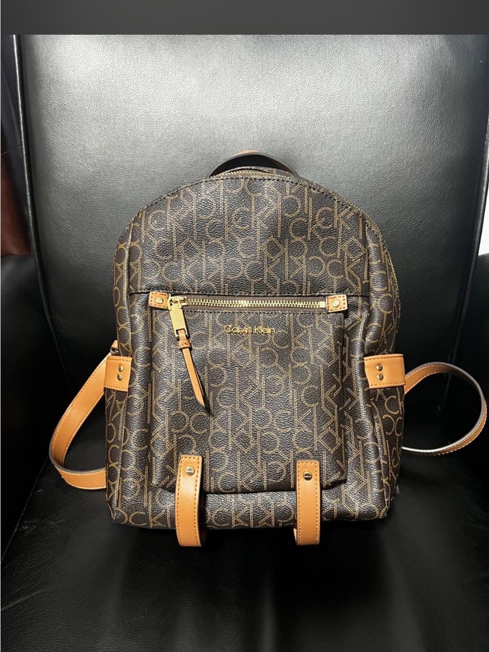 Calvin Klein Brown Monogram Backpack with Tan Accents